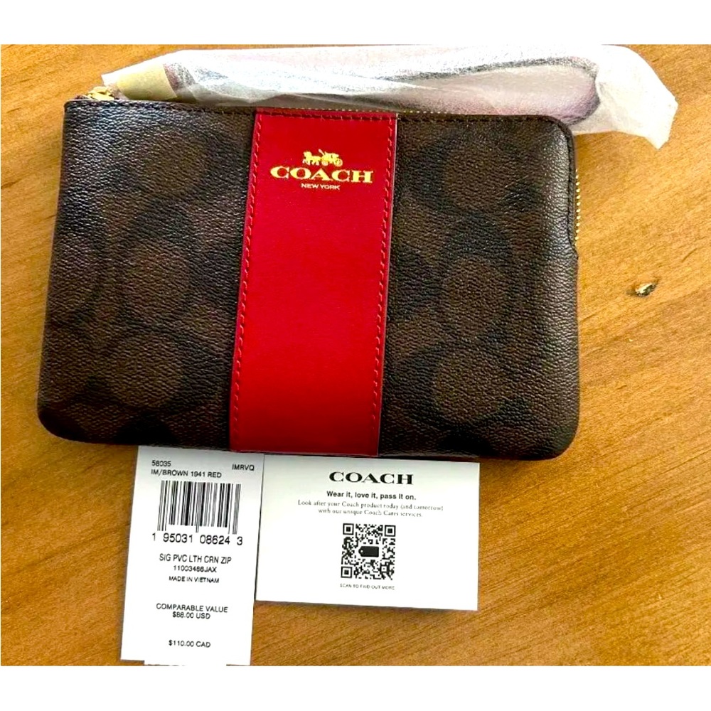 COPY - Coach F58035 Signature PVC Leather Corner Zip Wristlet-IM/BRN/RED